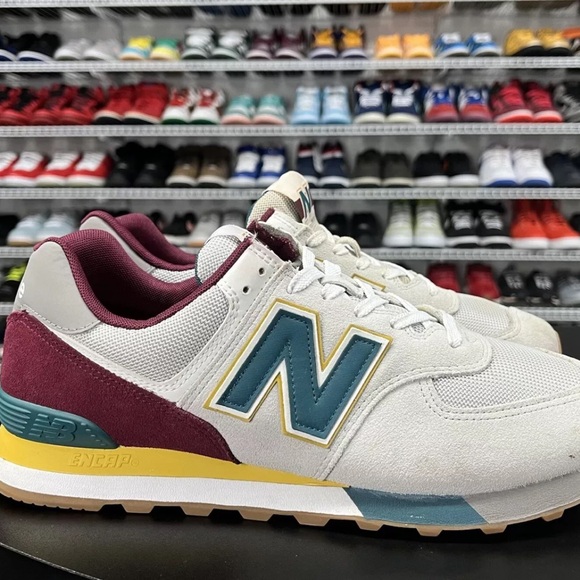 New Balance Shoes - New Balance 574 Grey Burgundy Teal Yellow ML574PR2 Mens Sneakers